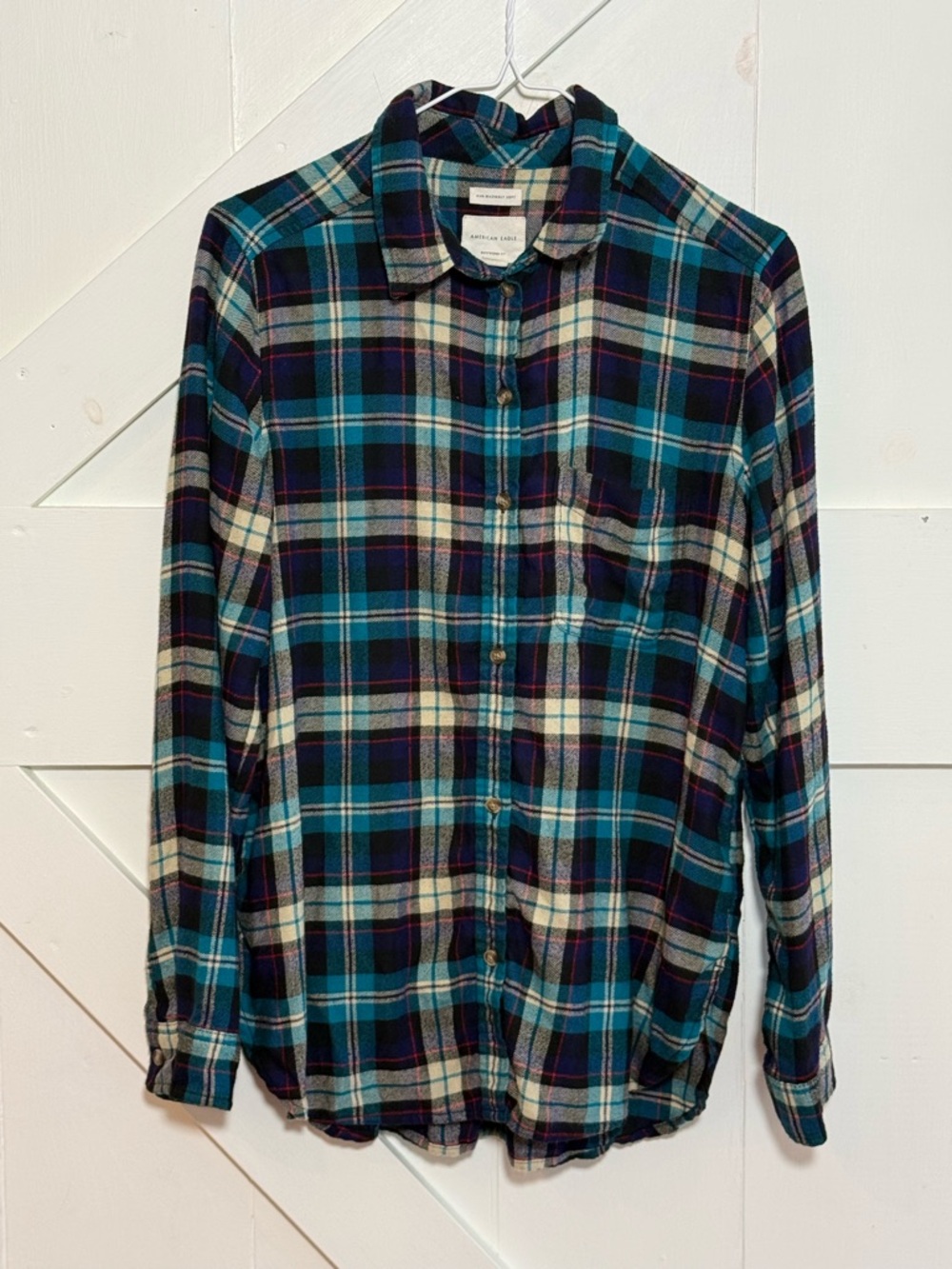 American Eagle M Boyfriend Fit Plaid Flannel Button Down Teal Navy